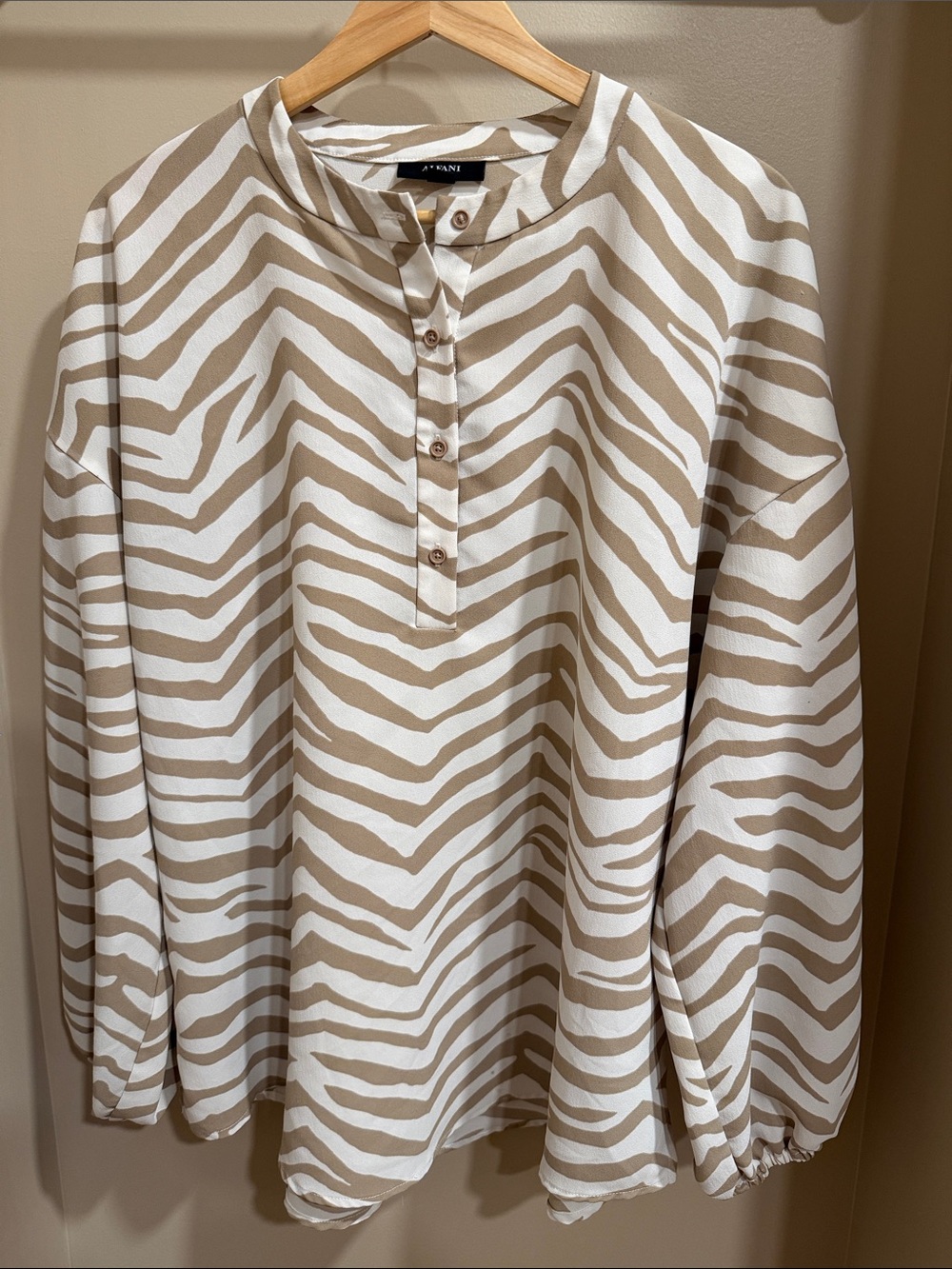 Alfani Cream and Tan Zebra Print Long Sleeve Henley Blouse